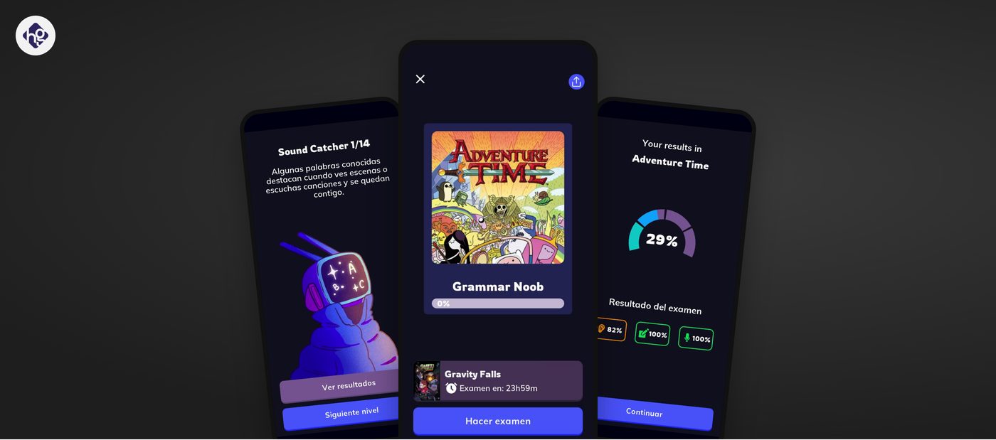 Three screens of the Wordbox daily exam: the Sound Catcher level, the Adventure Time exam cover and the results at 29%.