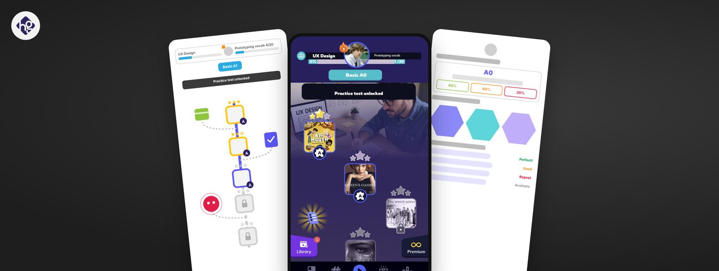 The Wordbox learning path in three versions: a low-fidelity map, the app with lessons based on TV shows, and the progress dashboard.