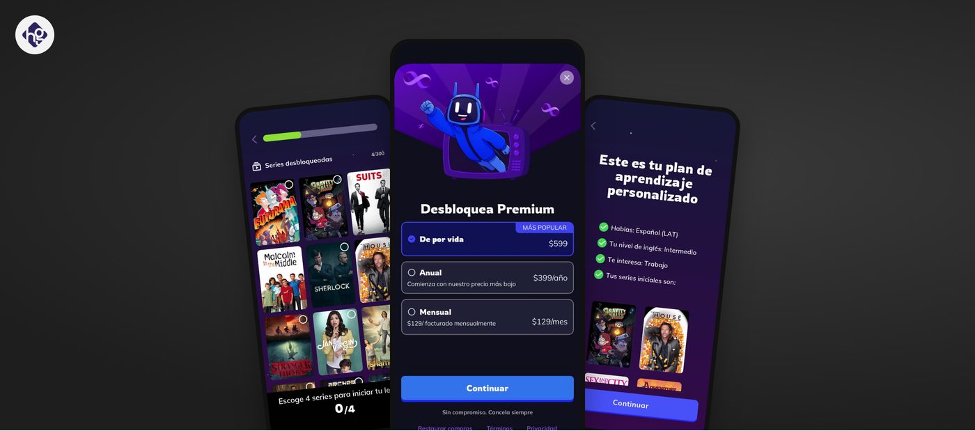 Three screens of the Wordbox onboarding: picking four shows, the paywall with lifetime, annual and monthly plans, and the personalized learning plan.